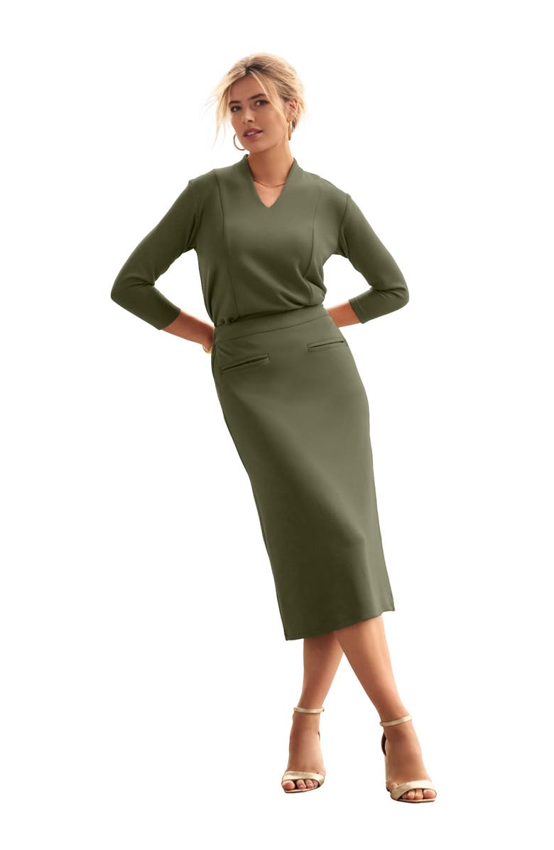 Jessica London PerfectEase Midi Skirt, Main, color, Dark Olive Green