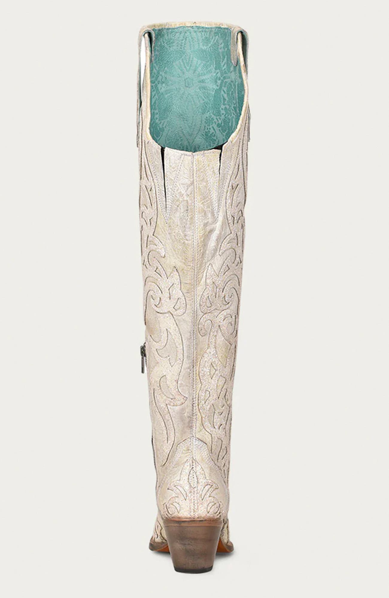 Cowhide Embroidered Overlay Glitter Snip Toe Tall Boots, Alternate, color, Beige