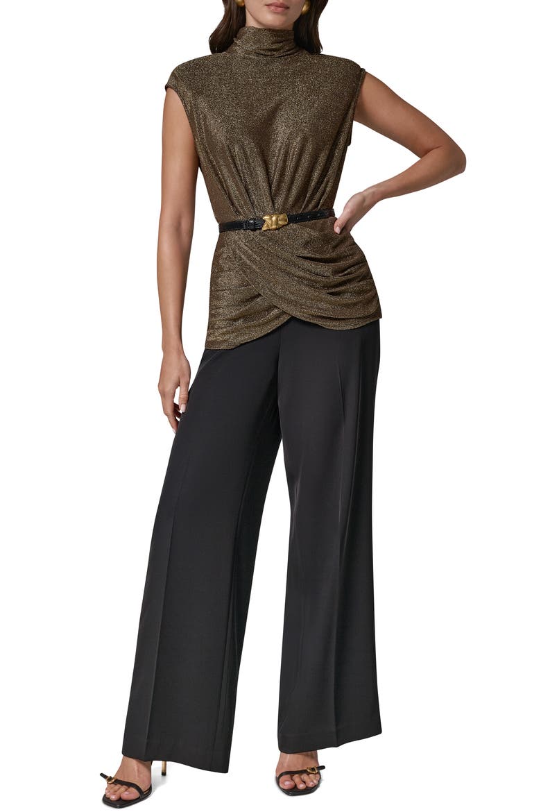 Metallic Mock Neck Top with Belt, Alternate, color, BLACK/ GOLD