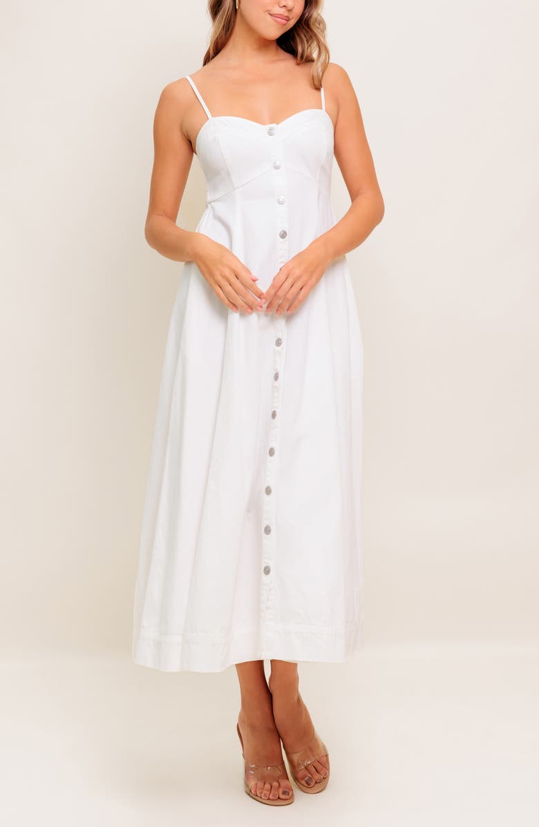 FLYING TOMATO Denim Button Front Midi Dress, Alternate, color, White