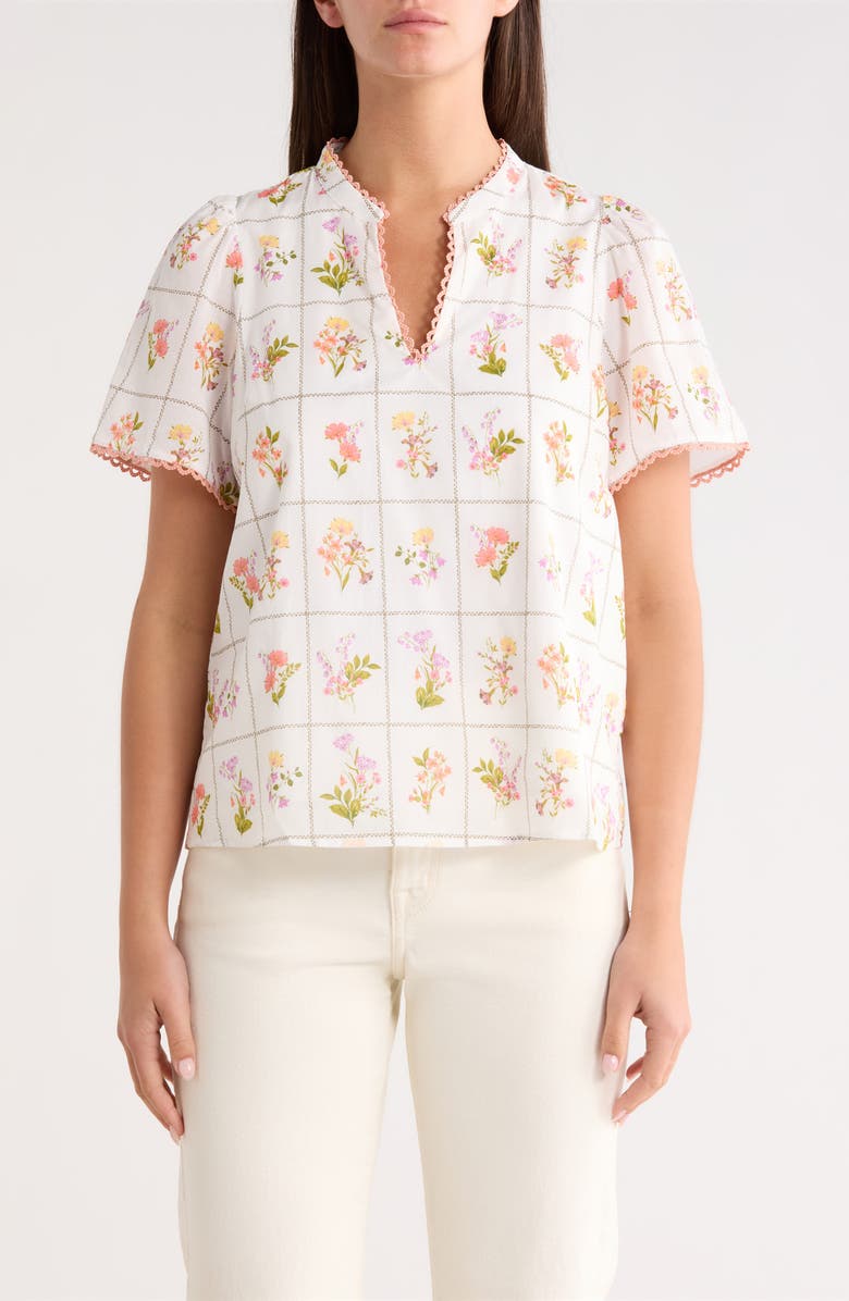 SUGARLIPS Diane Hilda Floral Split Neck Cotton Top, Main, color, Coral Multi