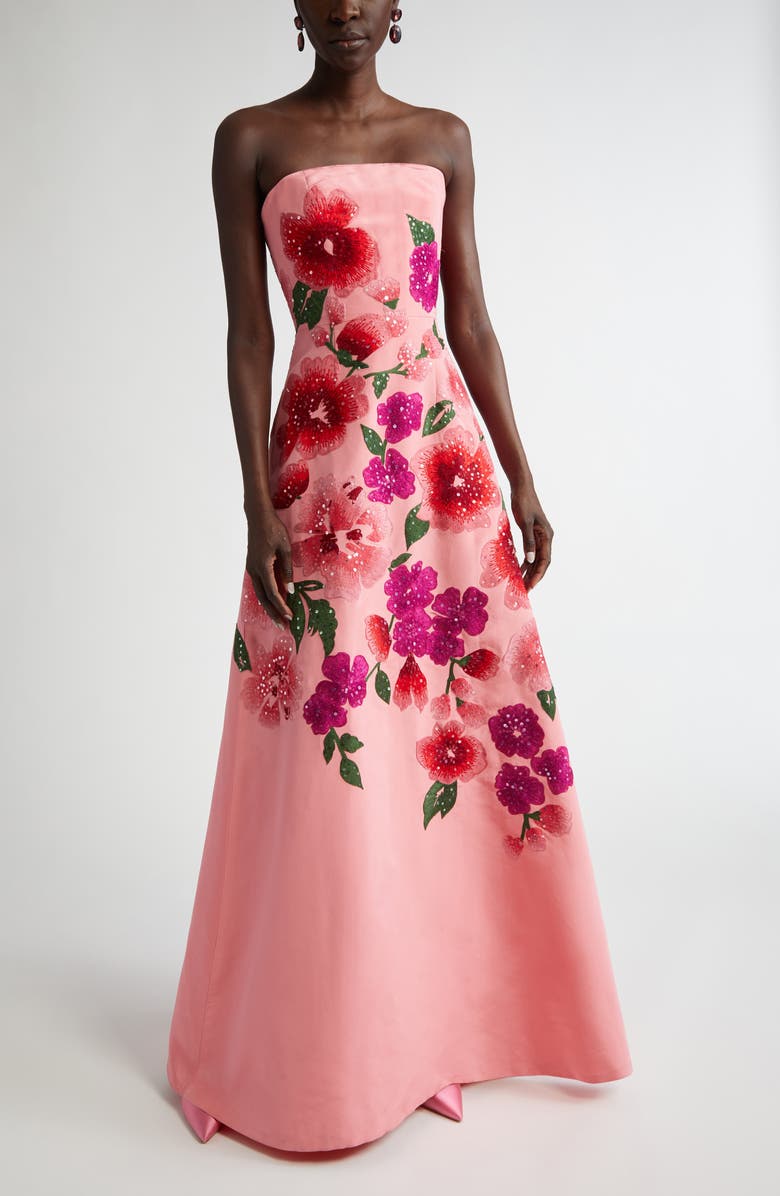 Carolina Herrera Floral Embroidered Strapless Silk Gown, Main, color, 