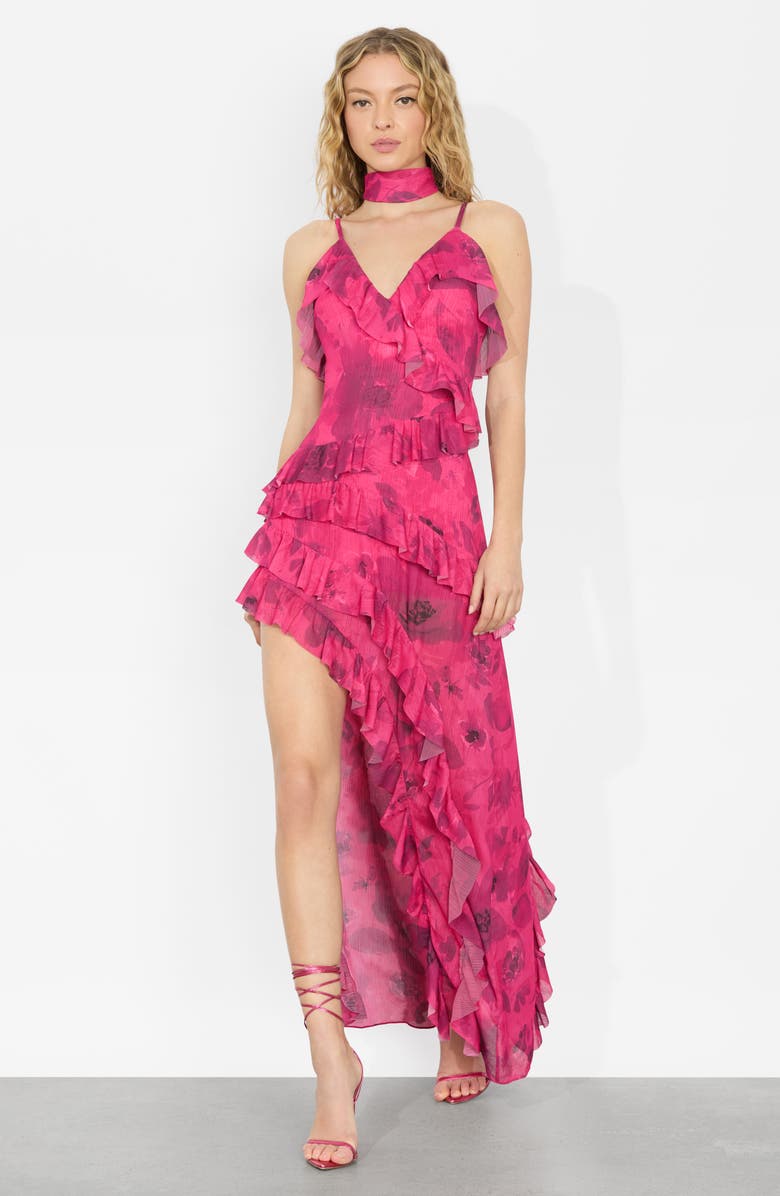 Alice + Olivia Nelia Ruffle Wrap Maxi Dress, Alternate, color, Floral Fling Raspberry