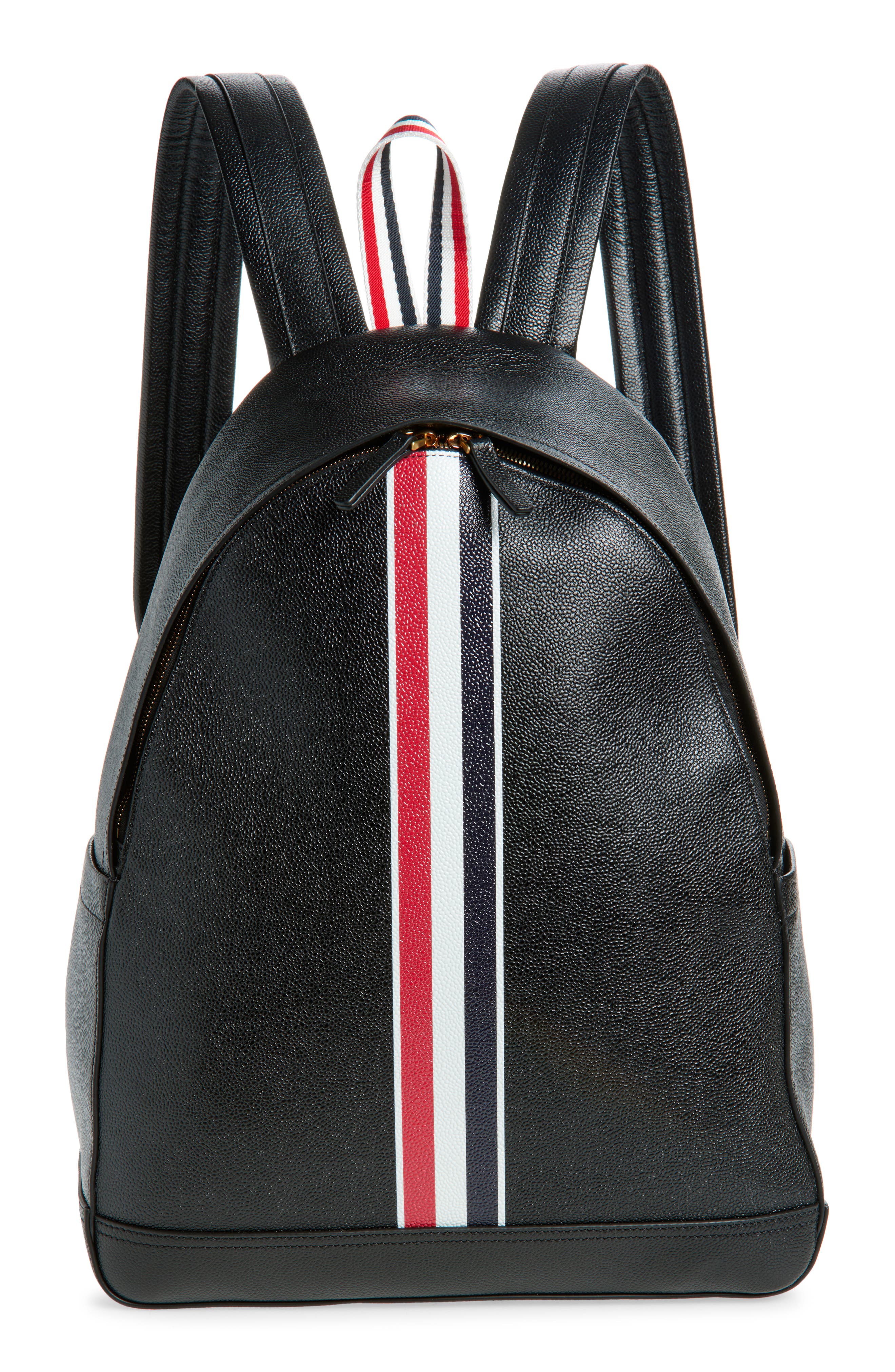 Thom Browne RWB Stripe Pebbled Leather Backpack, Main, color, Black