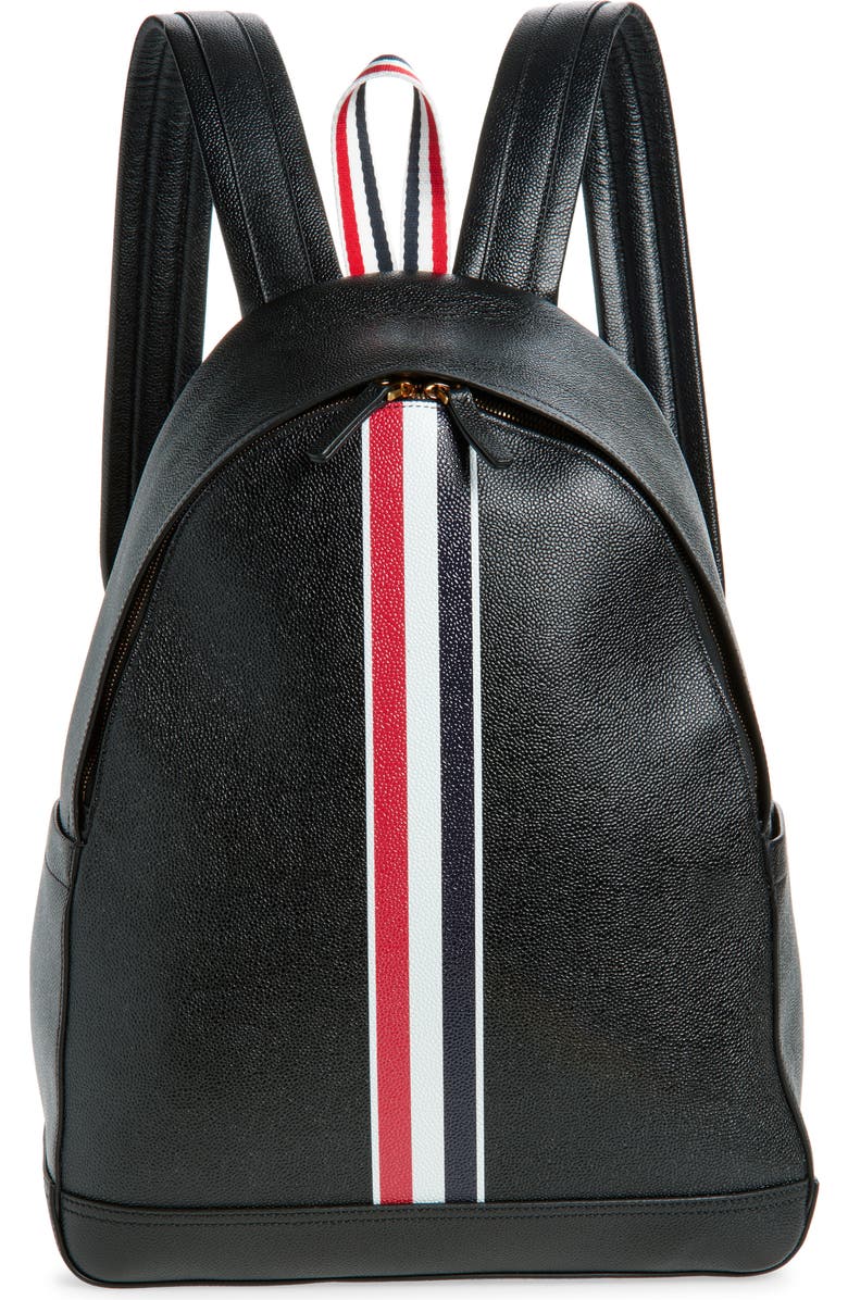 Thom Browne RWB Stripe Pebbled Leather Backpack, Main, color, Black