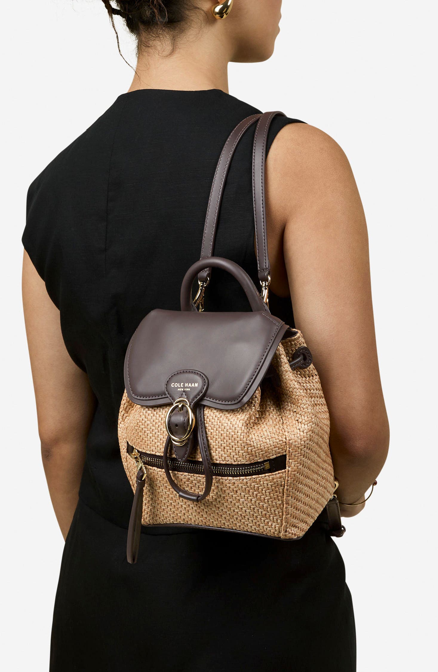 Cole Haan Alexandria Small Backpack, Alternate, color, Natural Raffia /Dark Chocolate