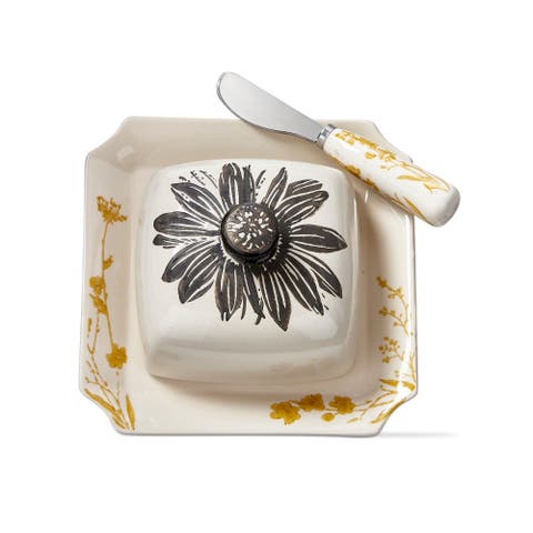 Let It Be Sunflower Stoneware Square Serving Platter Set