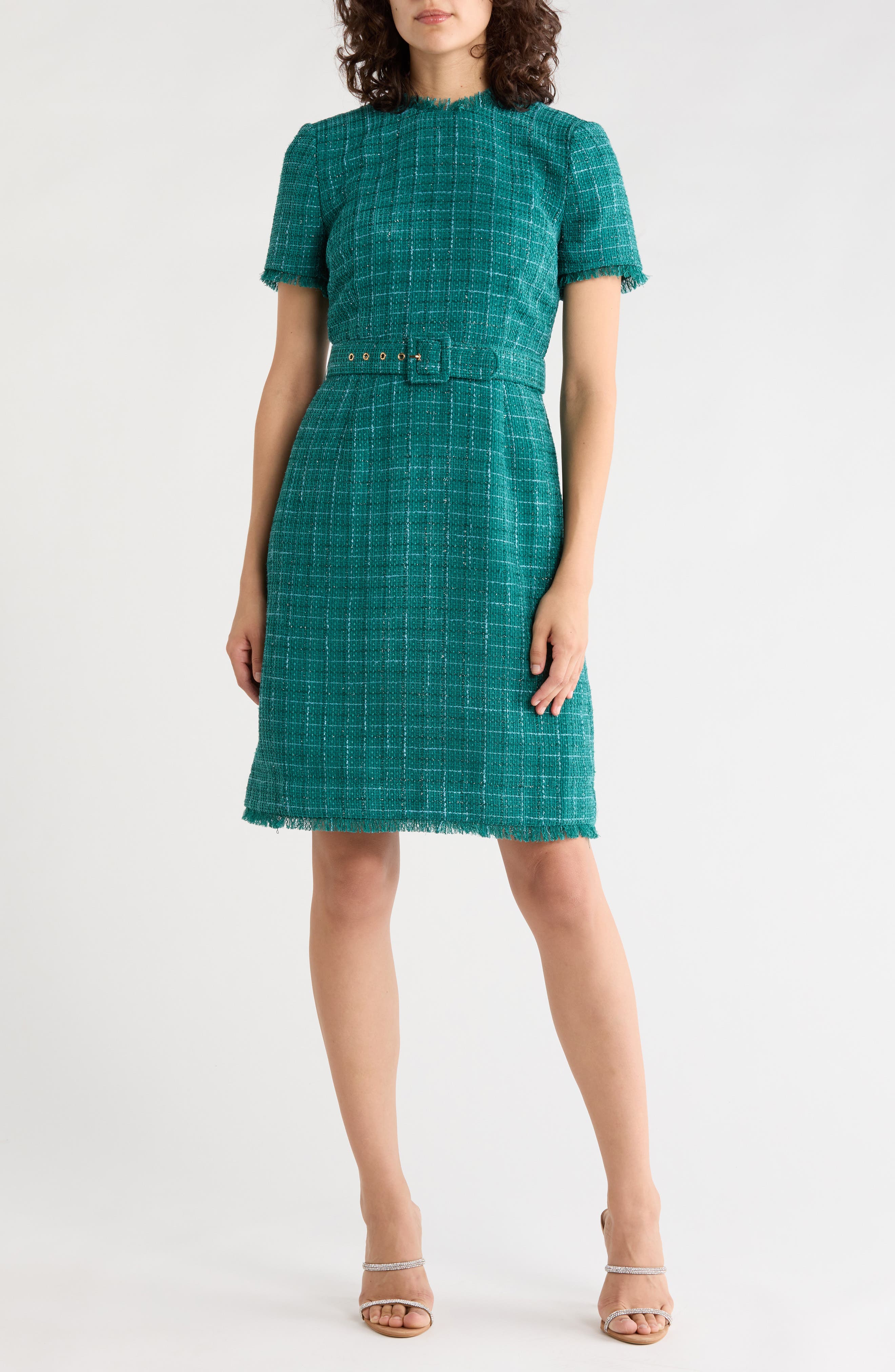 Short Sleeve Belted Tweed Sheath Dress