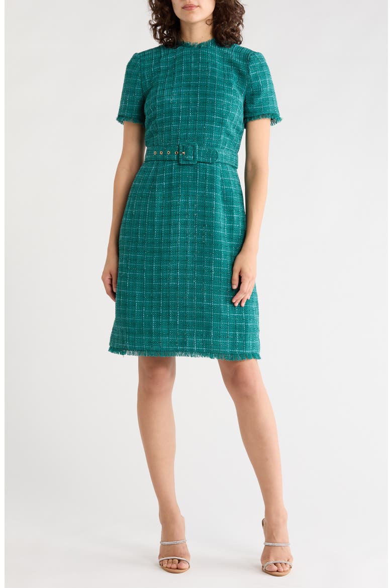 Short Sleeve Belted Tweed Sheath Dress, Main, color, EMPRESS TEAL