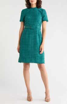 Short Sleeve Belted Tweed Sheath Dress