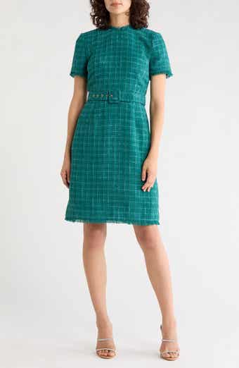 Short Sleeve Belted Tweed Sheath Dress