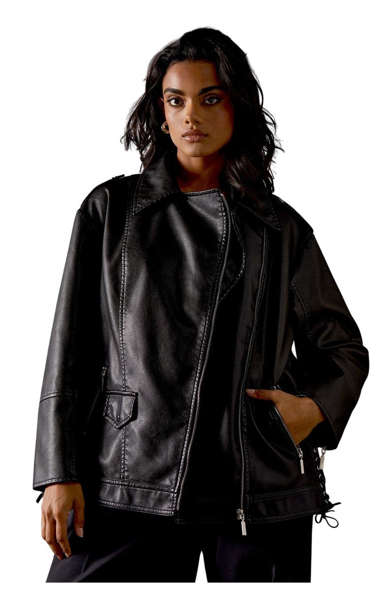Warehouse Oversized Whipstitch Leather Look Jacket, Main, color, Black
