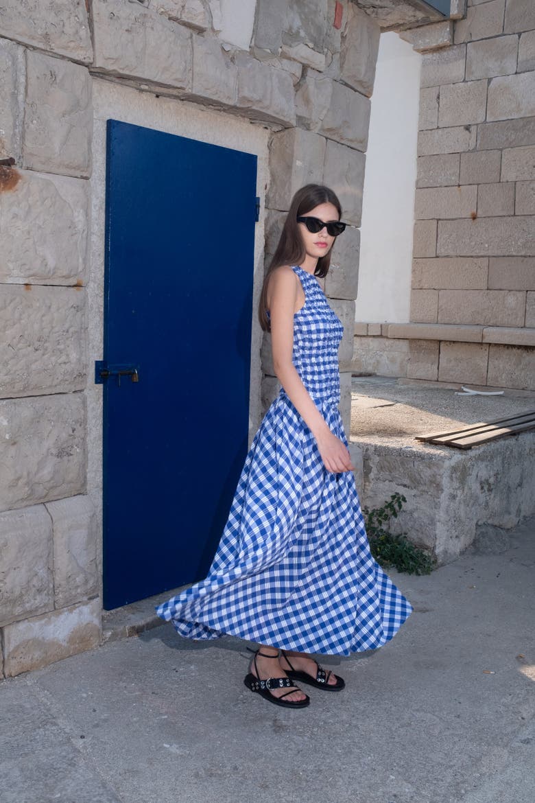 Annah Ruched Plaid Midi Dress, Alternate, color, Ios Check