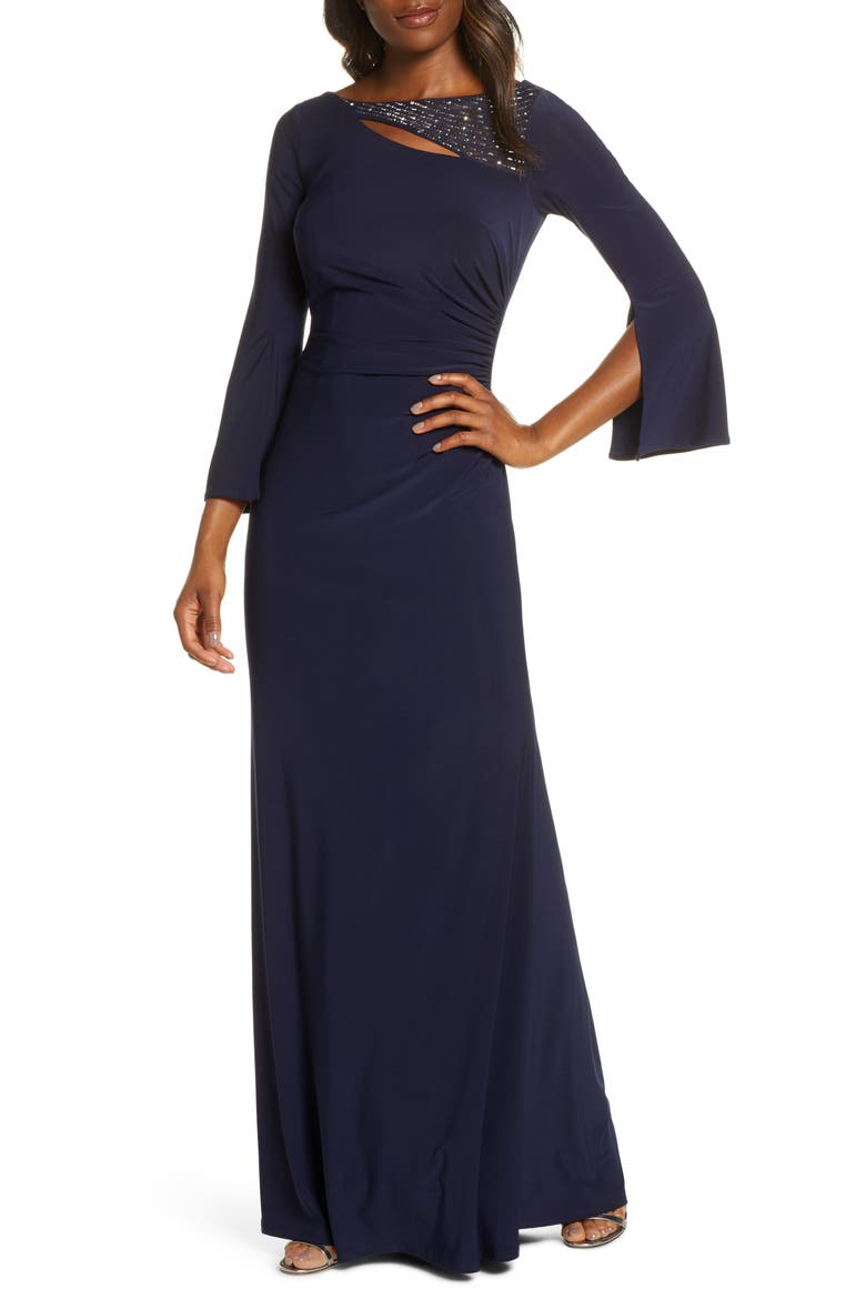 Split Long Sleeve Trumpet Gown, Main, color, NAVY
