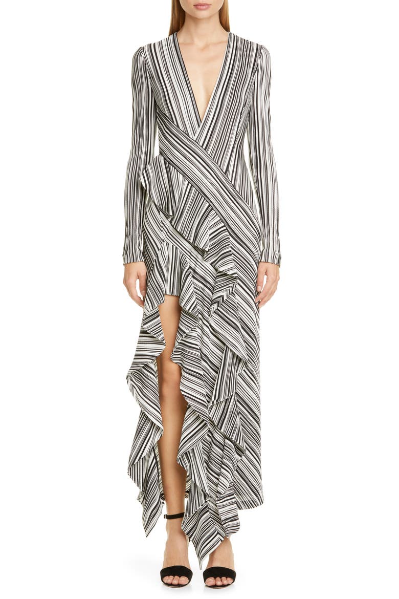Taja Ruffle Long Sleeve Evening Dress, Main, color, BLACK AND WHITE