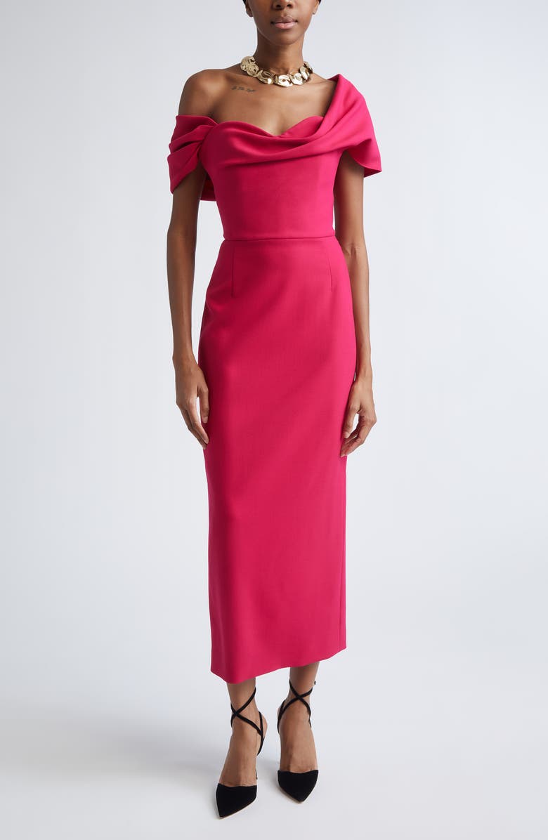 Carolina Herrera Draped Off the Shoulder Stretch Virgin Wool Column Dress, Main, color, Claret