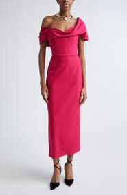 Carolina Herrera Draped Off the Shoulder Stretch Virgin Wool Column Dress