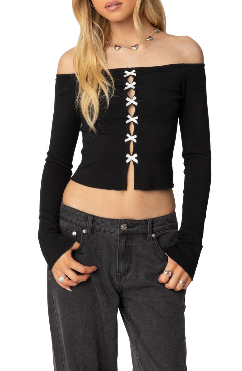EDIKTED Bow Keyhole Off the Shoulder Top, Main, color, Black