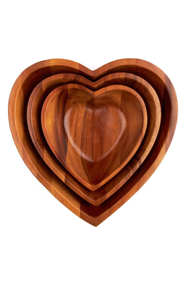 Nambé Eat Your Heart Set of Three Acacia Wood Nesting Bowls, Main, color, Brown