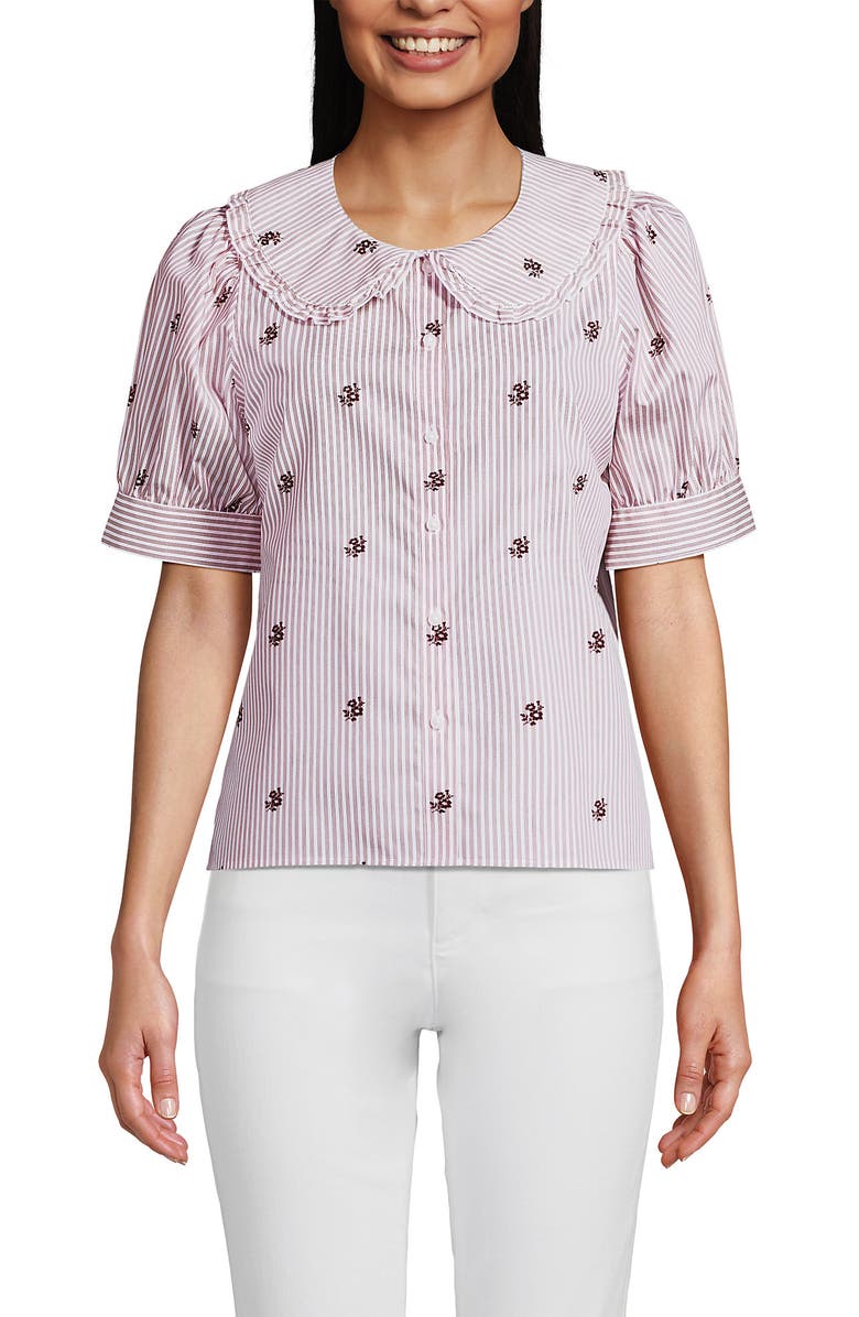 Lands' End Easy Care Puff Sleeve Statement Collar Shirt, Alternate, color, White/Brown Floral Stripe