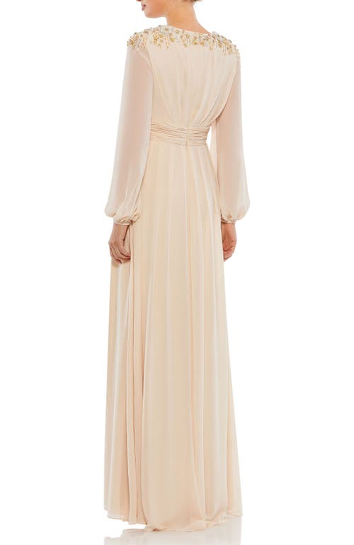 Mac Duggal Embellished Shoulder Blouson Sleeve Evening Gown In Porcelain