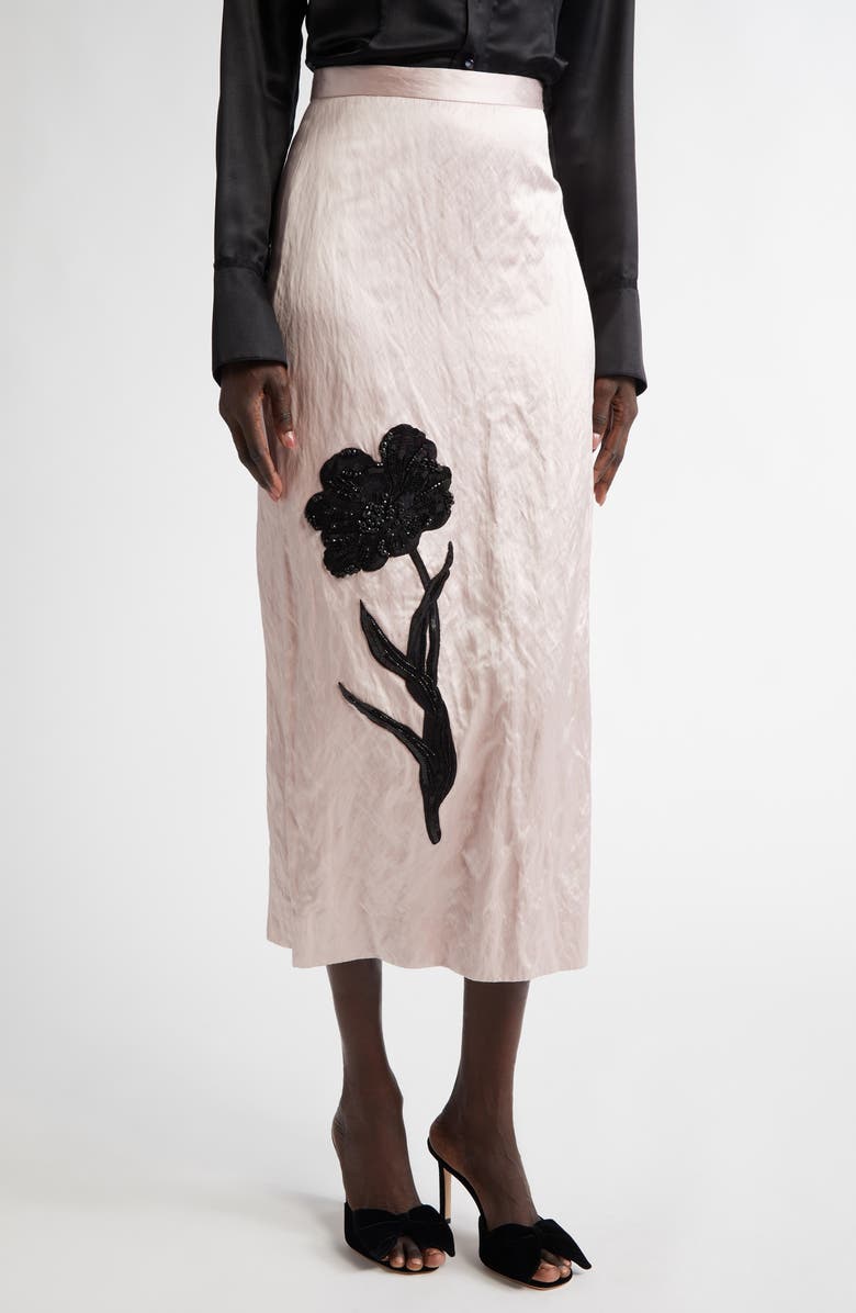 Erdem Floral Appliqué Satin Pencil Skirt, Main, color, 