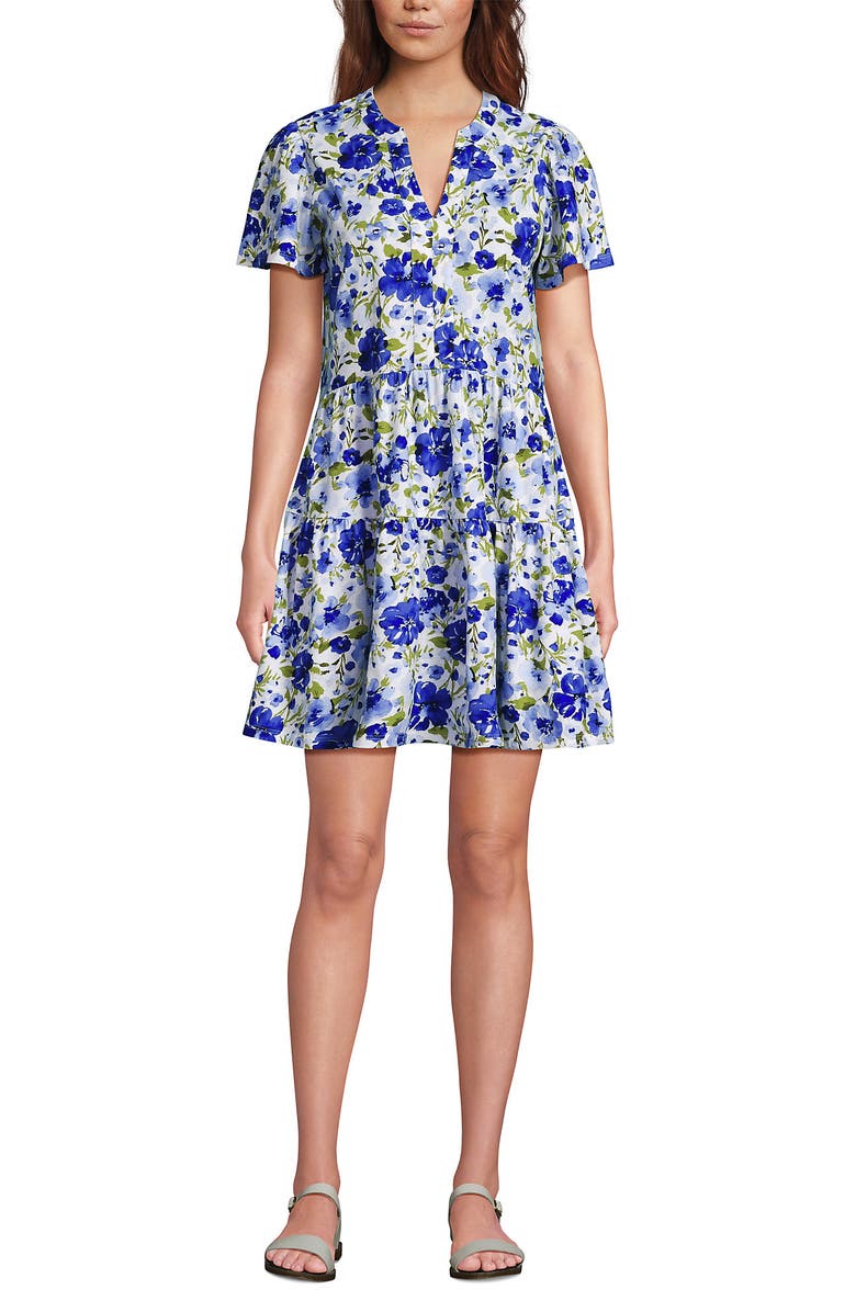Lands' End Cotton Jersey Tiered Mini Dress, Alternate, color, Clear Blue Painted Blooms