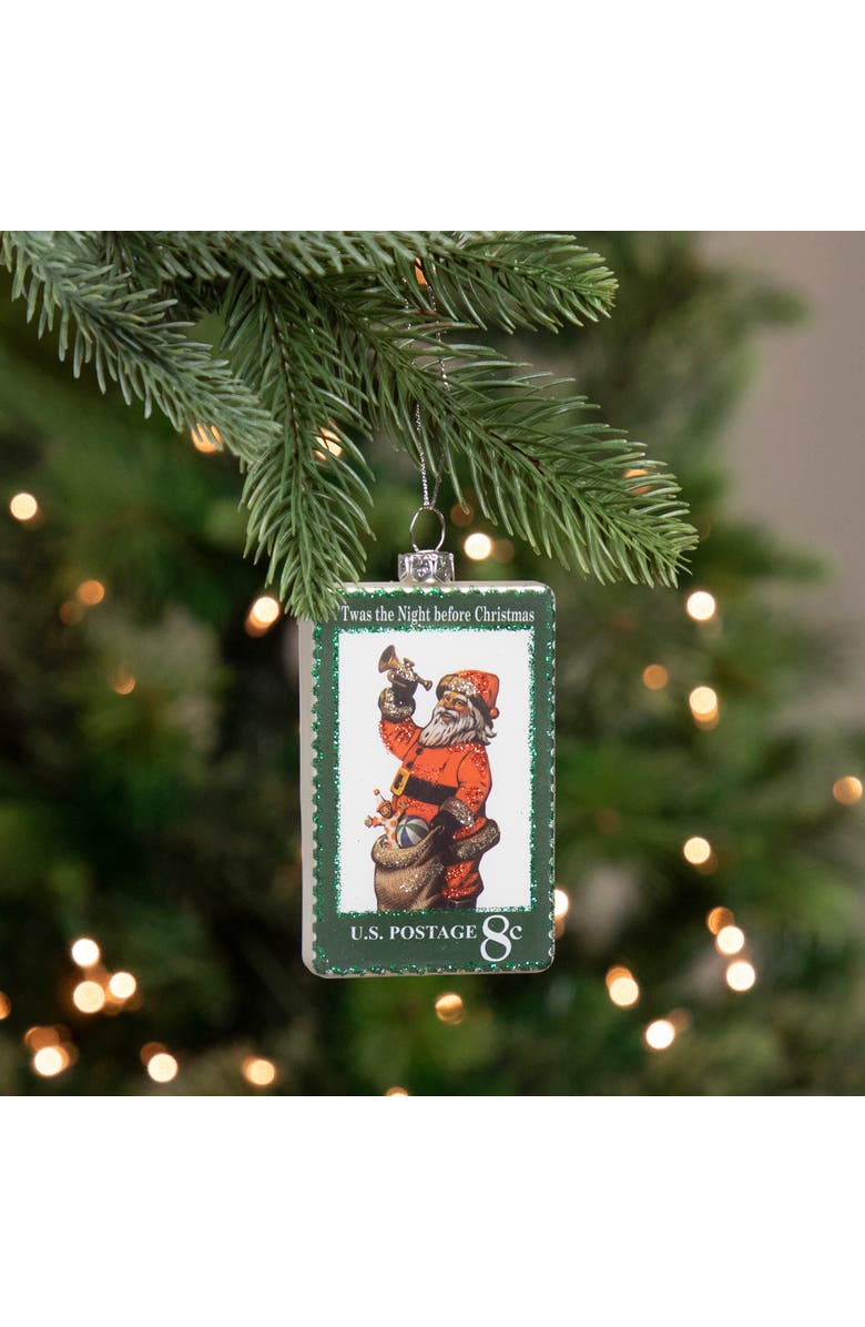 Northlight USPS Santa Stamp "Twas The Night Before Christmas" Glass Christmas Ornament - 3.5" - Green, Alternate, color, Green