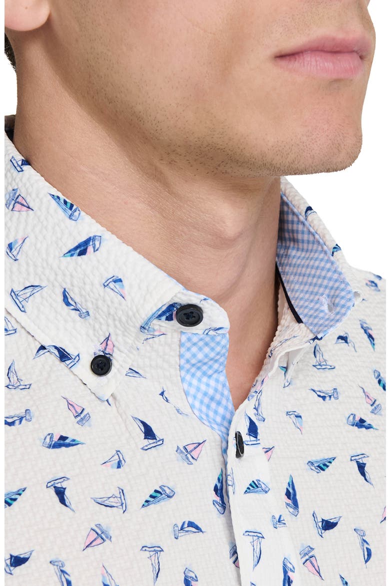 Sailboat Print Short Sleeve Seersucker Button-Up Shirt, Alternate, color, WHITE/ BLUE/ PINK