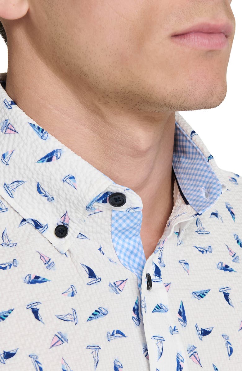 CONSTRUCT Sailboat Print Short Sleeve Seersucker Button-Up Shirt, Alternate, color, White/ Blue/ Pink