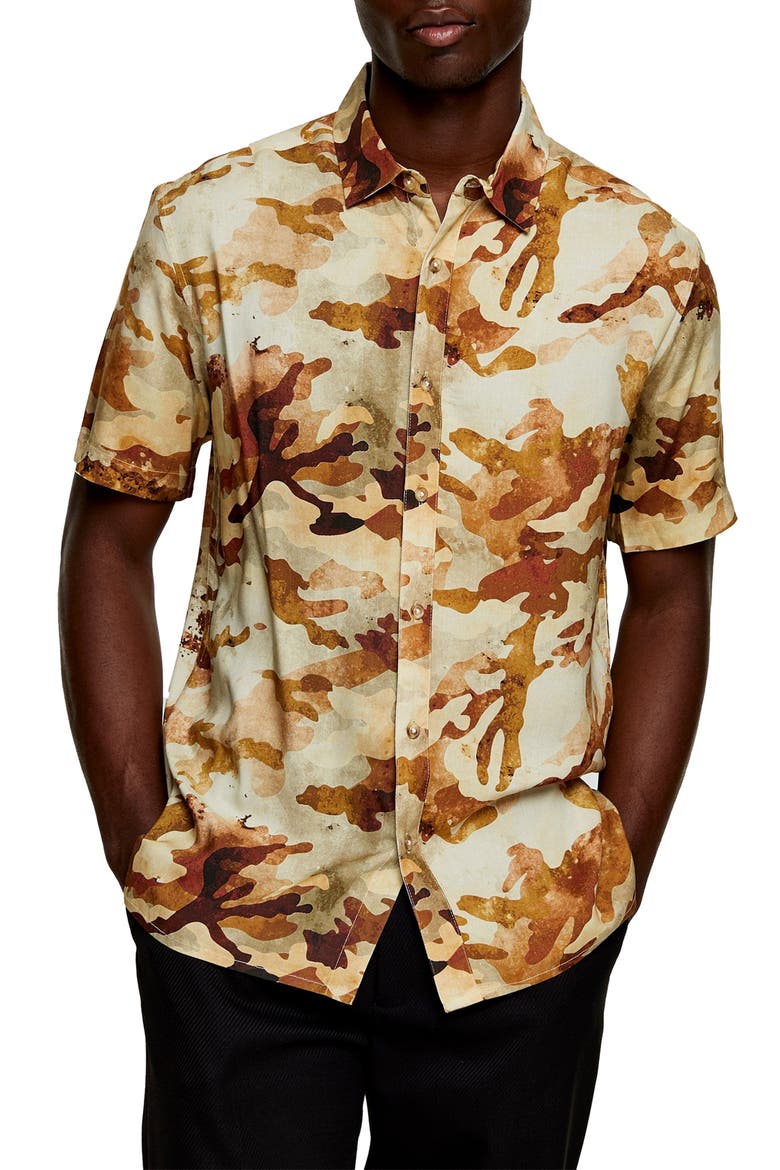 Slim Fit Camouflage Print Short-Sleeve Shirt, Main, color, GREEN