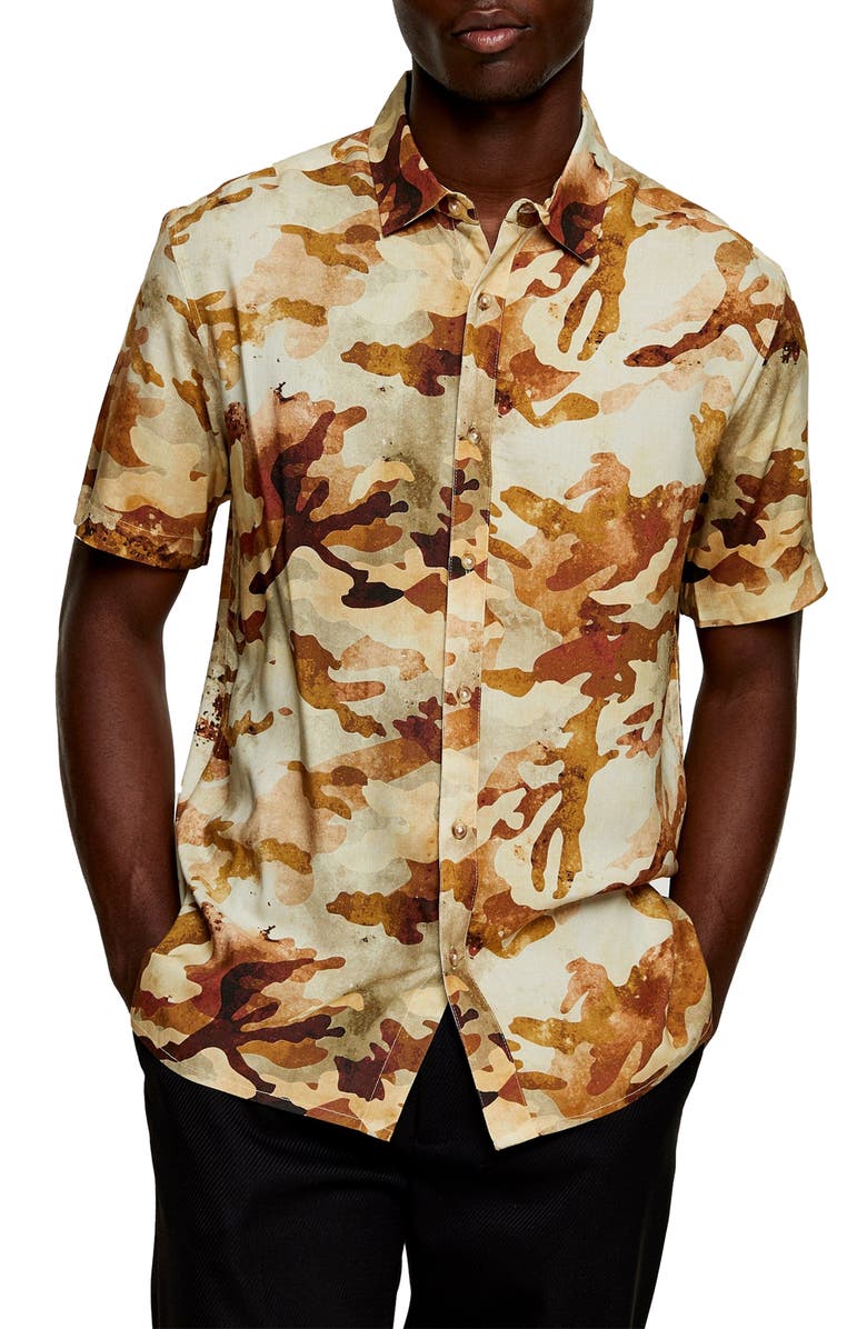 Topman Slim Fit Camouflage Print Short-Sleeve Shirt, Main, color,