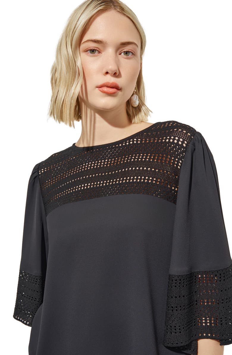 Ming Wang Embroidered Detail Bell Sleeve Dress, Alternate, color, Black