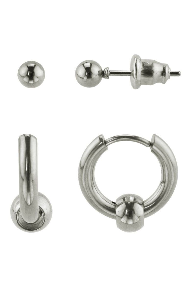 Ball Stud Earrings & Huggie Hoop Earrings Set, Main, color, SILVER