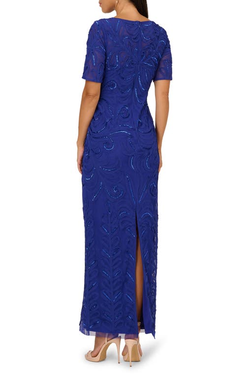 Adrianna Papell Short Sleeve Soutache Column Gown In Blue