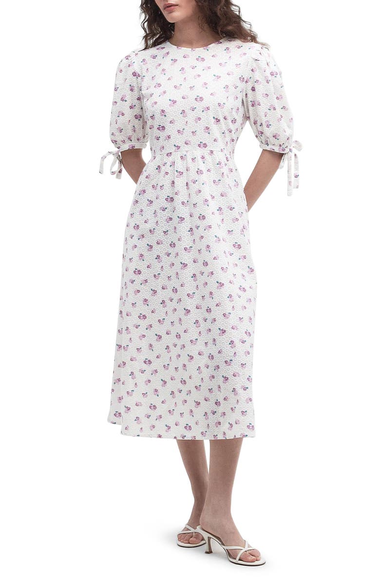 Barbour Goodleigh Floral Puff Sleeve Cotton Midi Dress, Alternate, color, White/Pink Flowers