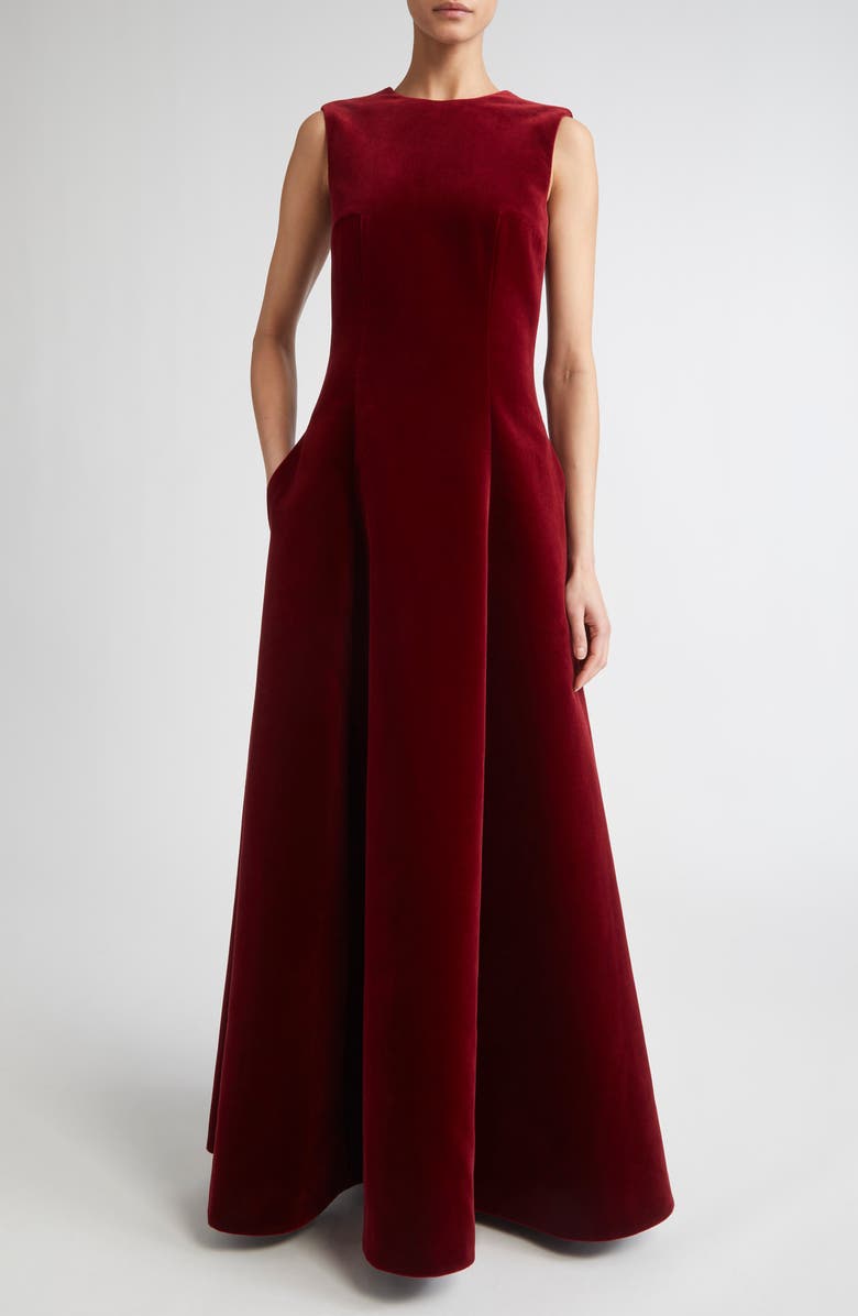 Emilia Wickstead Nodin Sleeveless Velvet Column Gown, Main, color, Burgundy