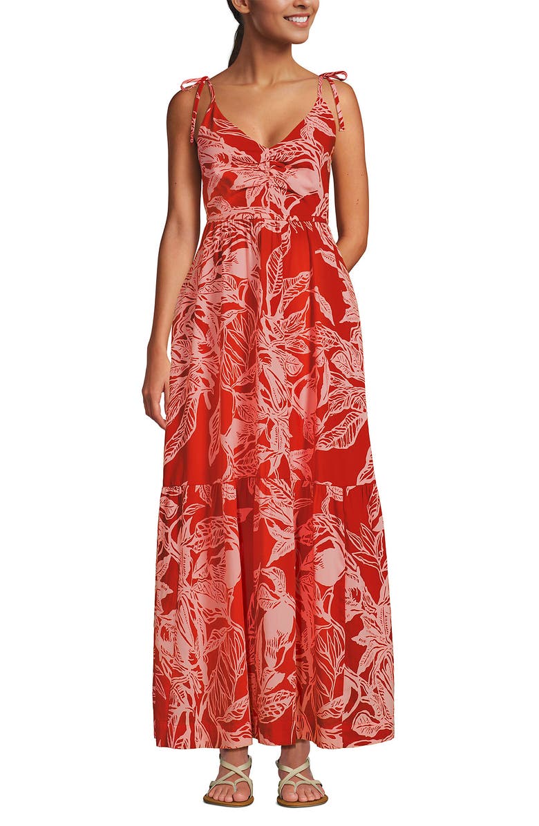 Lands' End Cotton Voile Vneck Tie Strap Maxi Dress, Alternate, color, Mandarin Orange Etched Leaves