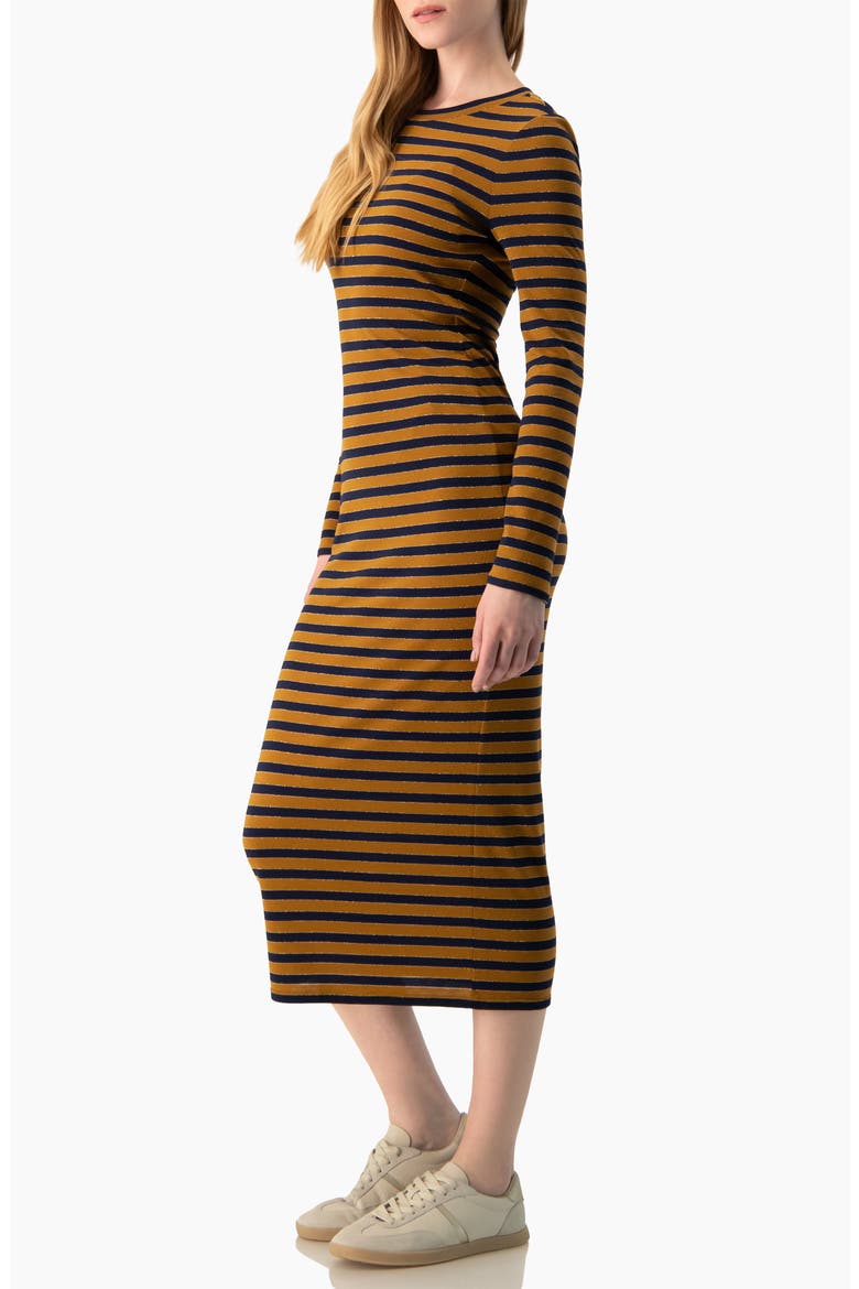 Long Sleeve Striped Fit-and-Flare Dress, Alternate, color, Camel