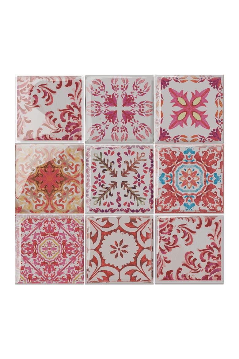 Moroccan Rose Red Mosaic Glossy 3D Sticker Tile 15.4 cm (6 in) - 16pcs in a pack, Alternate, color, RED