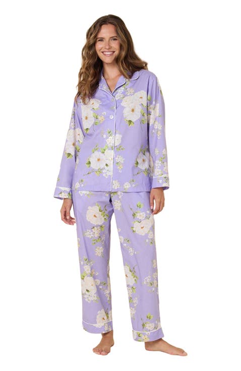 Anjue Women's Lightweight Cotton Pajama Set - Button-Down Top & Drawstring Pants, Purple, Size L