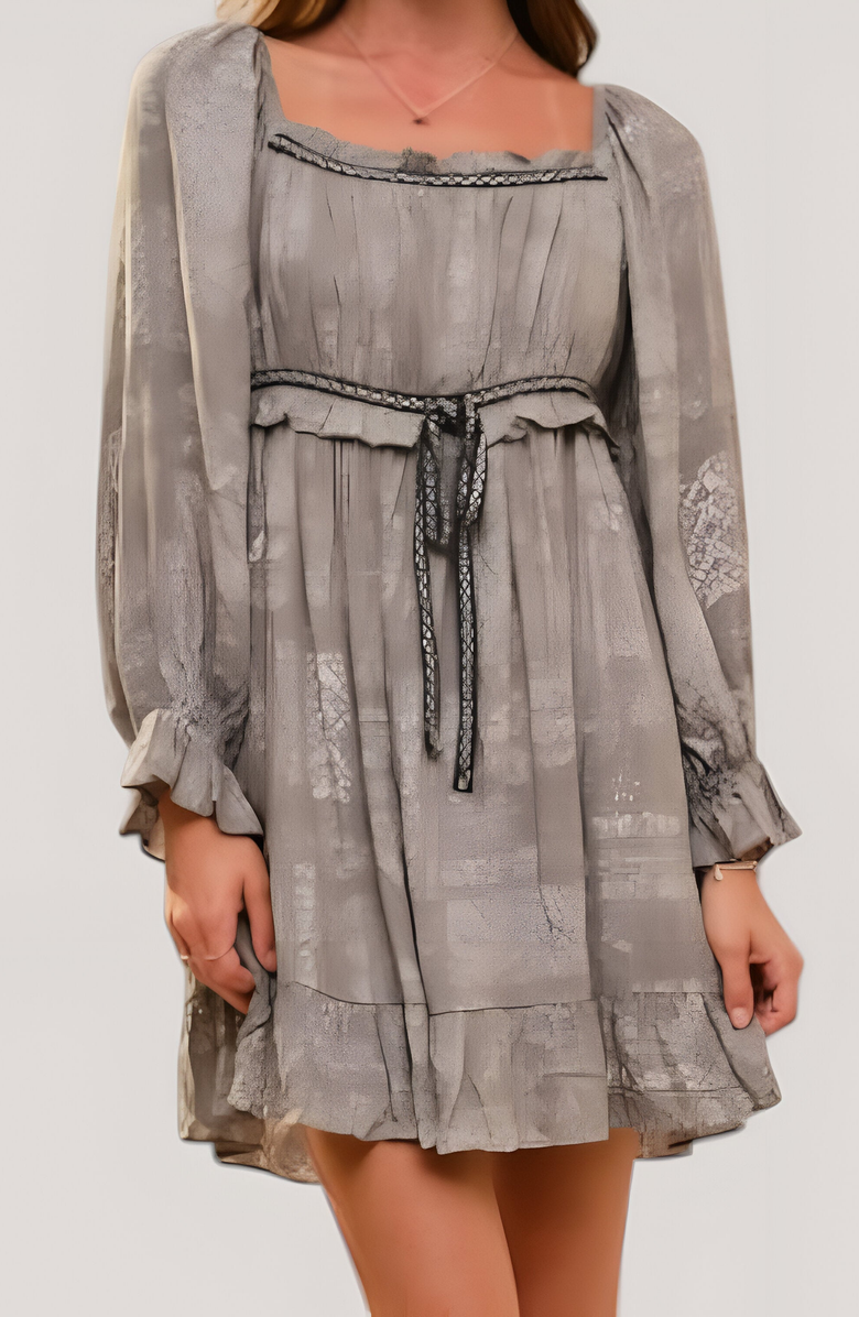 Modenaire Long Sleeve Drawstring Waist Ruffle Hem Mini Dress, Alternate, color, 