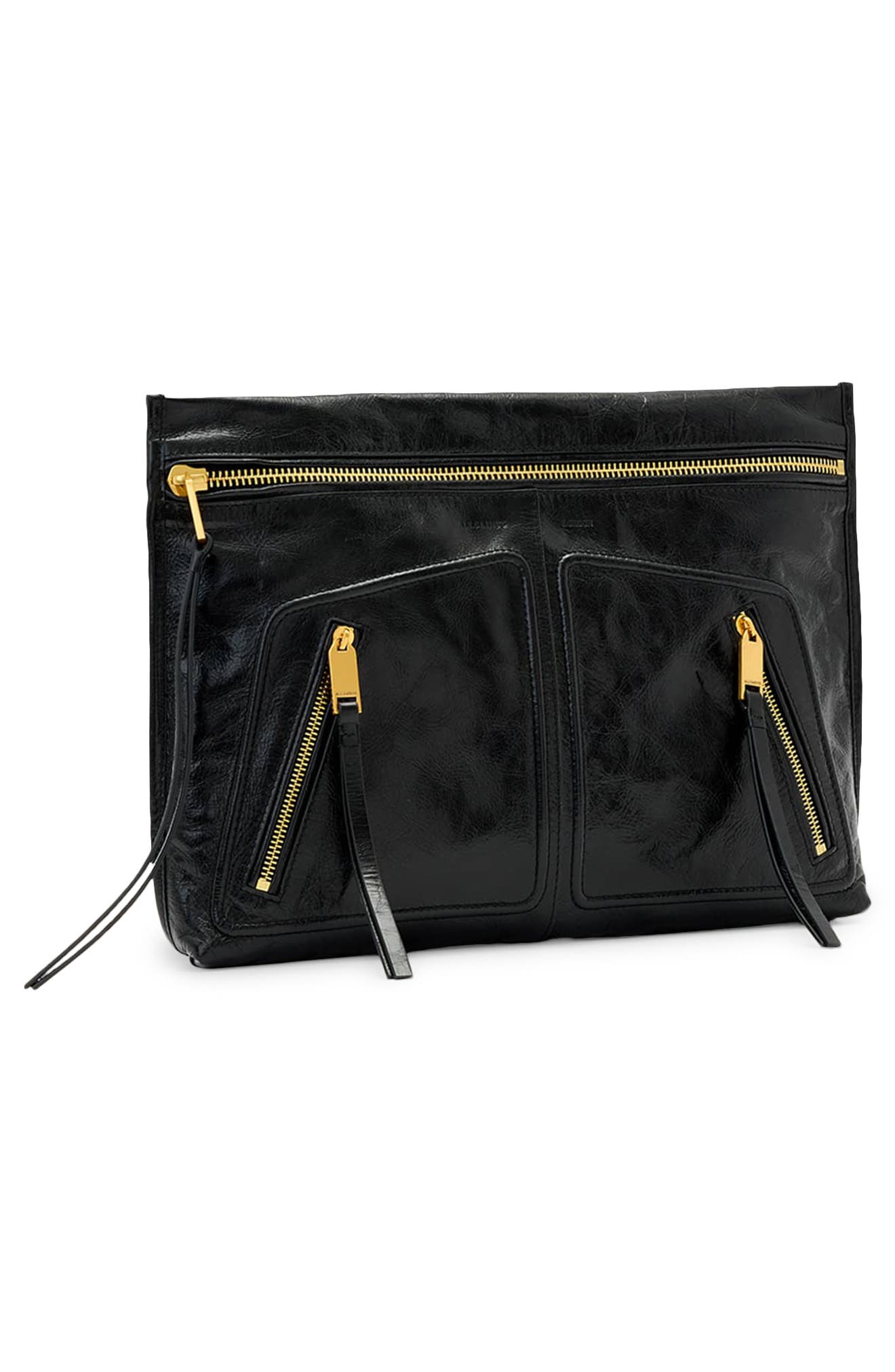 AllSaints Jean Rey Leather Clutch, Alternate, color, Black