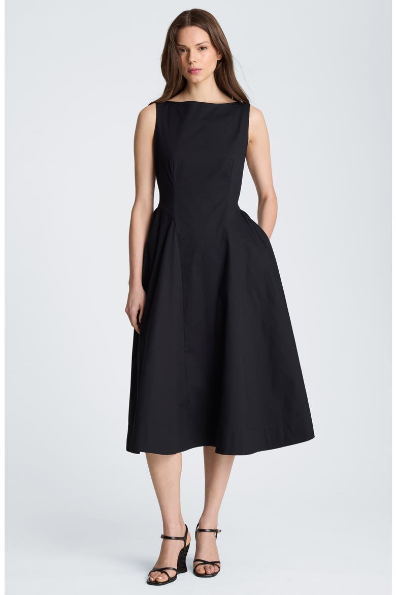 Bateau Neck Sleeveless Midi Dress, Alternate, color, BLACK