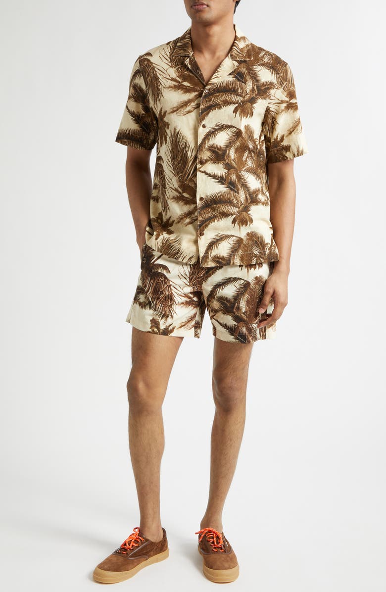 Moncler Palm Print Swim Trunks, Alternate, color, Beige