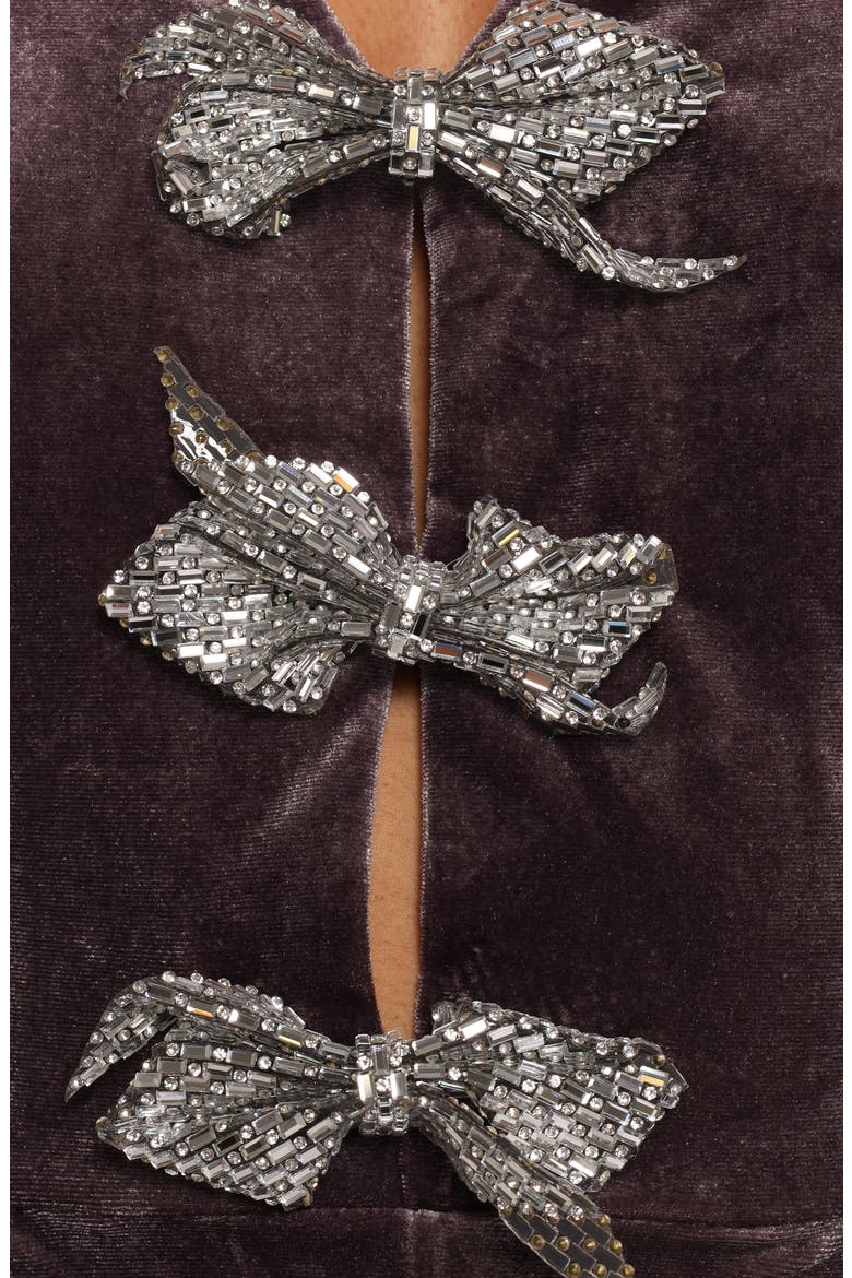 Norah Rhinestone Bow Embellished Velveteen Romper, Alternate, color, DARK PURPLE