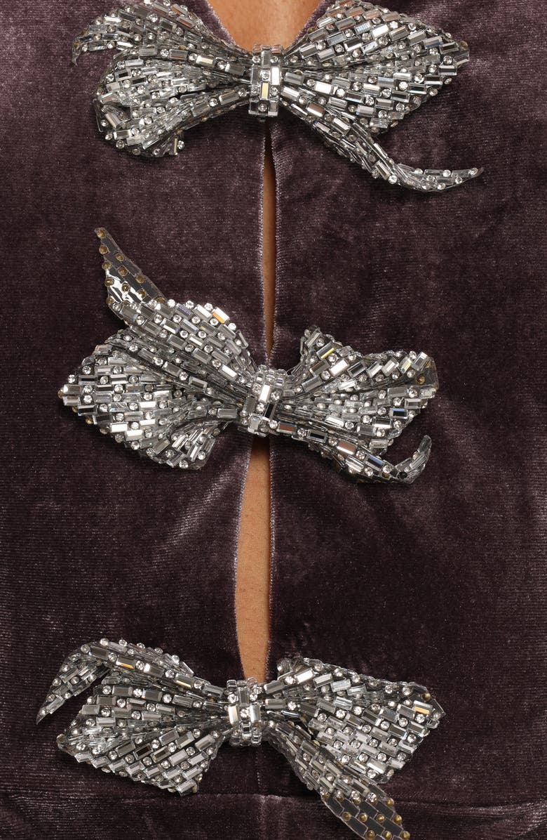 Petal & Pup Norah Rhinestone Bow Embellished Velveteen Romper, Alternate, color, Dark Purple