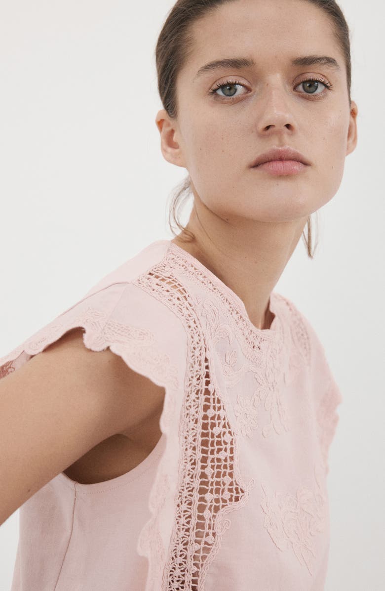 MANGO Embroidered Scalloped Trim Crop Cotton Blend Top, Alternate, color, Pastel Pink