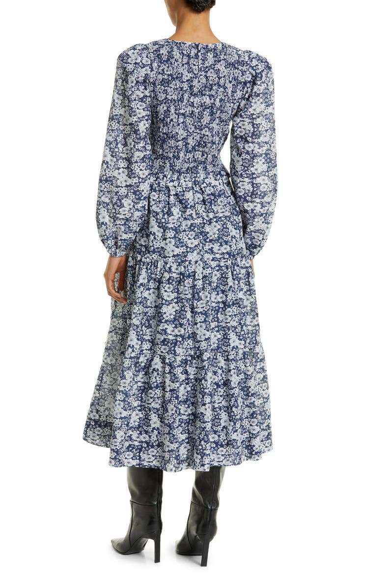 Suzie Smocked Floral Print Long Sleeve Cotton Midi Dress, Alternate, color, BLUE MULTI