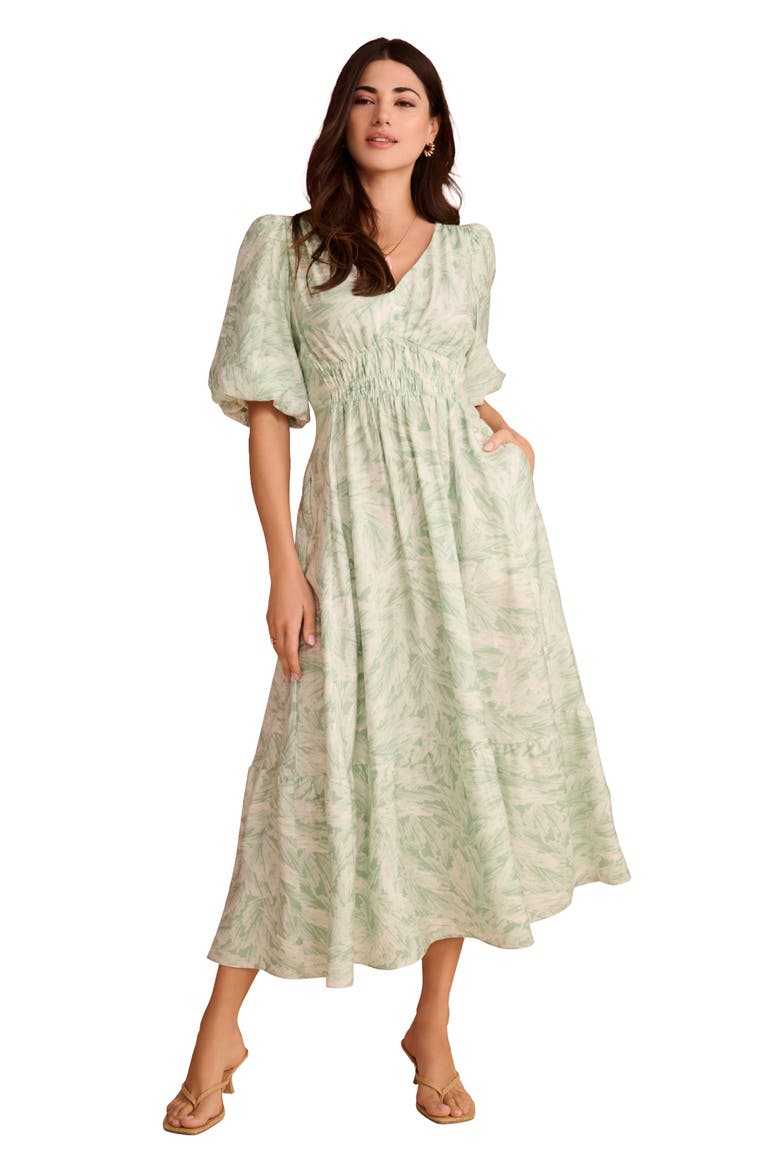 Plus Size V Neck Puff Sleeve Smocked Waist Maxi Dress, Main, color, IVORY SAGE